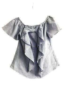 Blue & White Striped Moa Moa Off-Shoulder Ruffle Back Blouse S